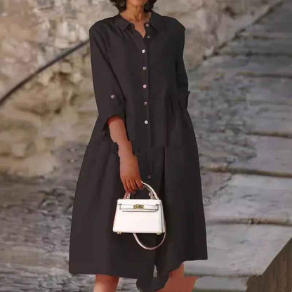 Pure Cotton And Linen Solid Color Loose Pocket Dress