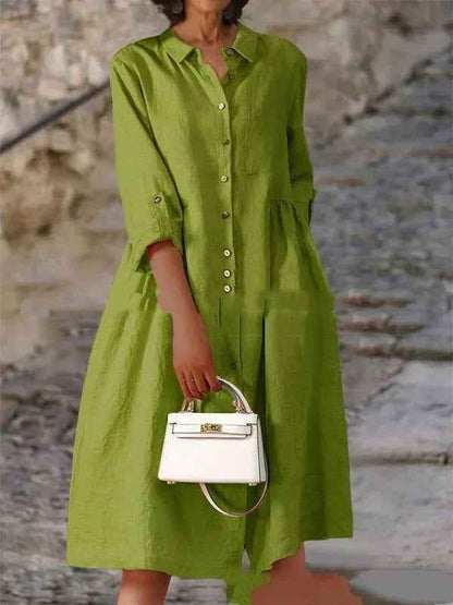 Pure Cotton And Linen Solid Color Loose Pocket Dress