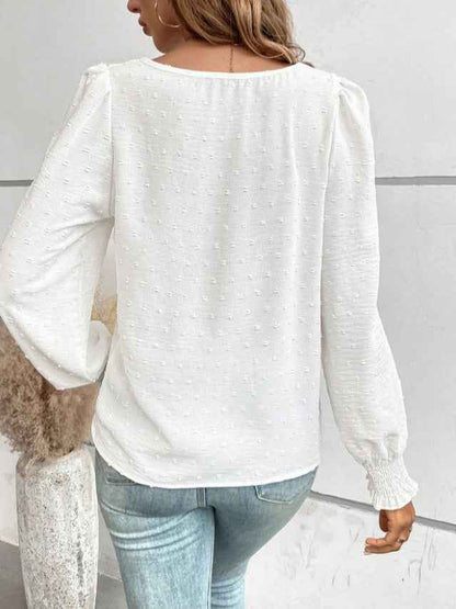 Women's Ruffled Pleated Long Sleeve Round Collar Top Shirt