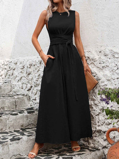 Women's Solid Color Round Neck Sleeveless Loose Casual Dress - Velerat