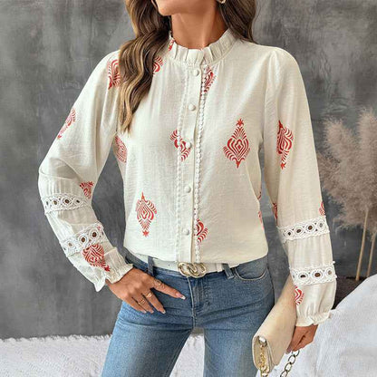 Stand Collar Ethnic Print Shirt For Women