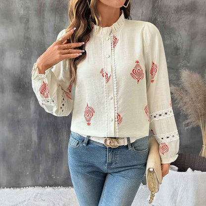 Stand Collar Ethnic Print Shirt For Women
