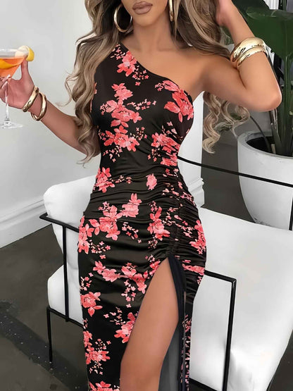 Oblique Shoulder Printed Sheath Dress High Slit