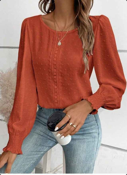 Women's Ruffled Pleated Long Sleeve Round Collar Top Shirt