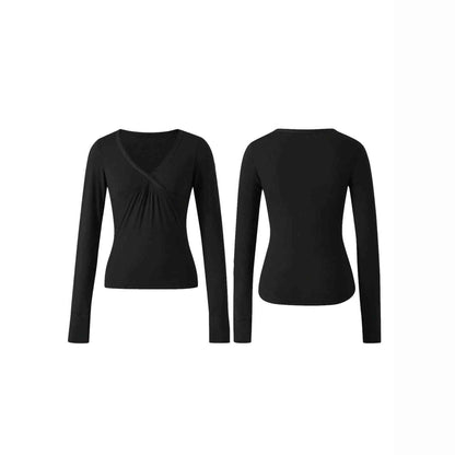 Black V-neck Long Sleeve Top For Women - Velerat