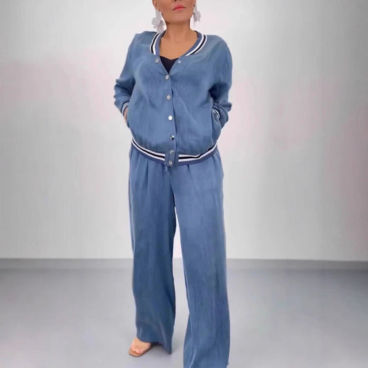Round Neck Stitching Cardigan Top Wide Leg Pants Casual Women's Suit - Velerat