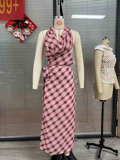 Women's Color-contrast Check Patchwork Skirt Suit