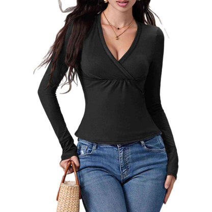 Black V-neck Long Sleeve Top For Women