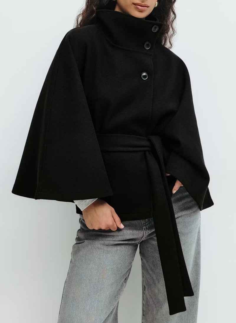 Winter High Neck Batwing Sleeve Coat With Belt Fashion