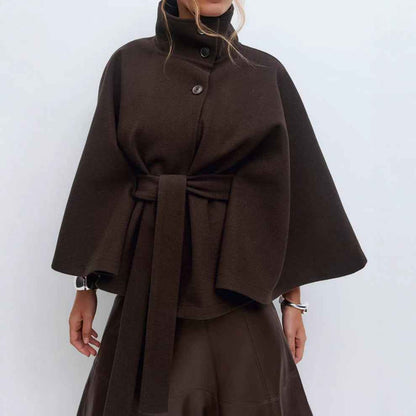 Winter High Neck Batwing Sleeve Coat With Belt Fashion