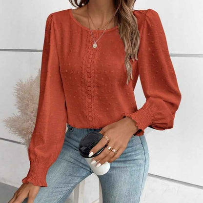 Women's Ruffled Pleated Long Sleeve Round Collar Top Shirt