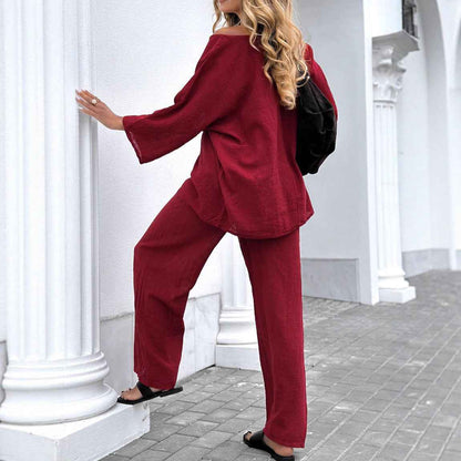 Round Neck Cotton And Linen Top Casual Lace Up Loose Pants Suit