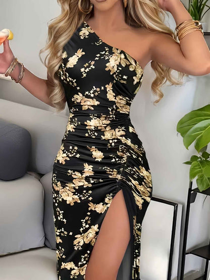 Oblique Shoulder Printed Sheath Dress High Slit