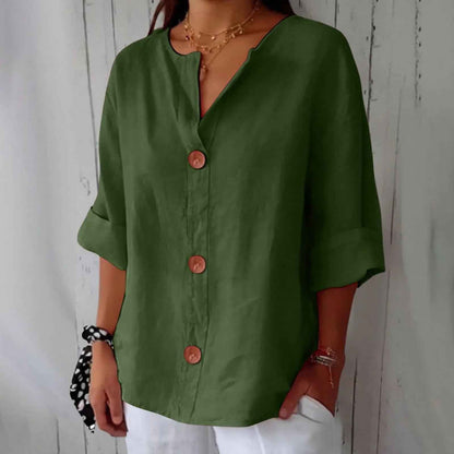 Loose T-shirt Women's V-neck Cotton And Linen Button Top