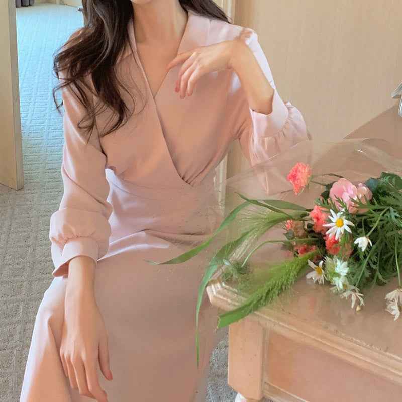 Temperament Pure Color V-neck Lace-up Mid-length