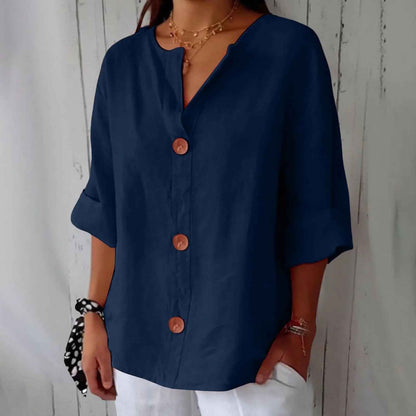 Loose T-shirt Women's V-neck Cotton And Linen Button Top
