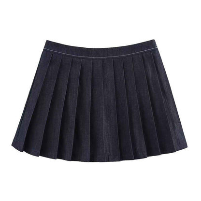 Denim Pilot Jacket Wide Pleated Denim Skirted Leggings