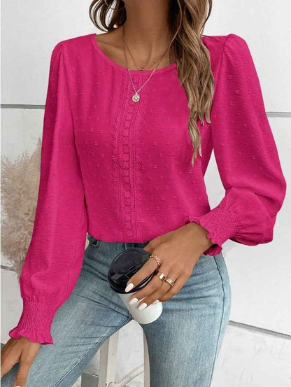 Women's Ruffled Pleated Long Sleeve Round Collar Top Shirt
