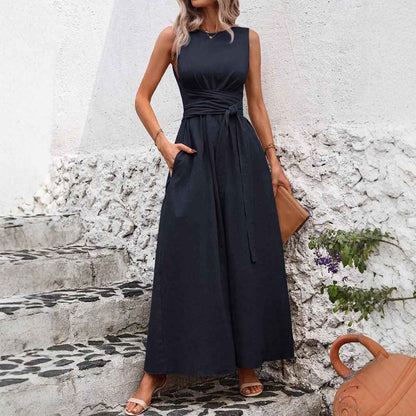 Women's Solid Color Round Neck Sleeveless Loose Casual Dress - Velerat