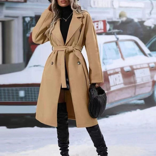 Lapel Double-breasted Trench Coat With Belt Winter Fashion Outwear Women Clothing - Velerat