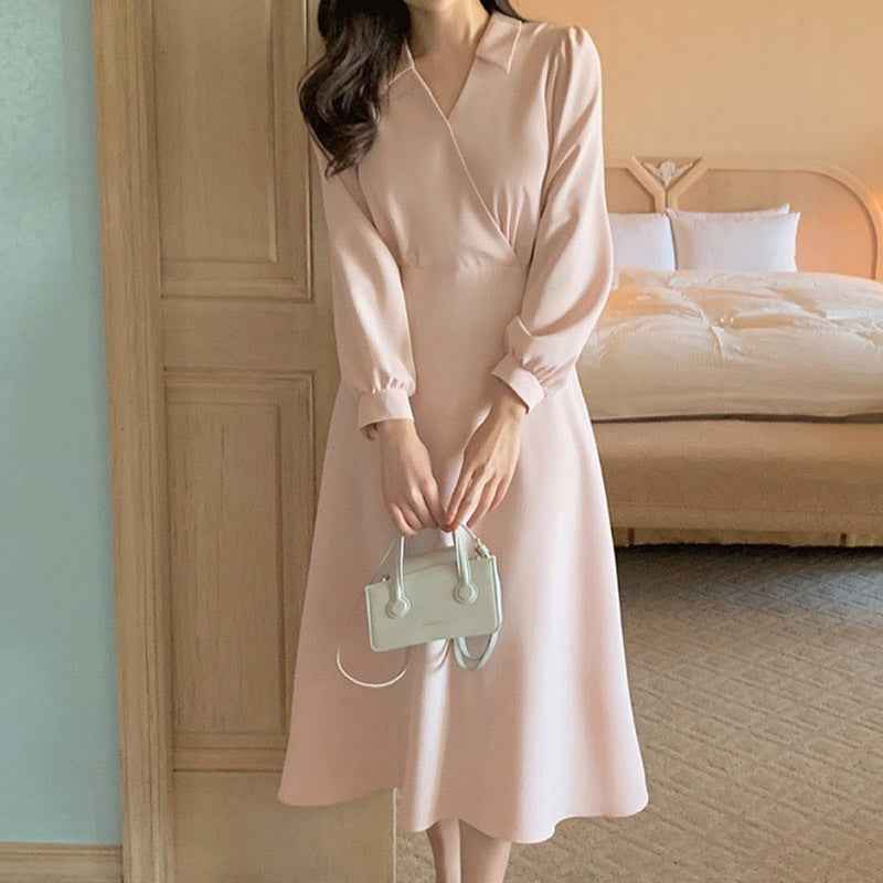 Temperament Pure Color V-neck Lace-up Mid-length