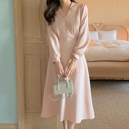 Temperament Pure Color V-neck Lace-up Mid-length