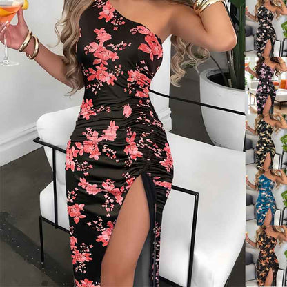 Oblique Shoulder Printed Sheath Dress High Slit