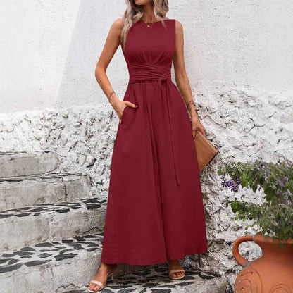 Women's Solid Color Round Neck Sleeveless Loose Casual Dress - Velerat