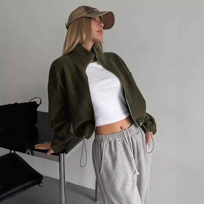 Short Autumn And Winter Stand-up Collar Thick Lamb Wool Drawstring Coat Women - Velerat