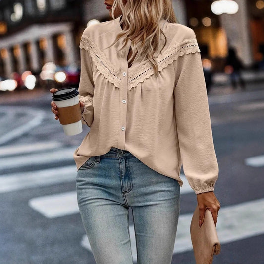 Commuter Lace Patchwork Ruffled Shirt Shirt Long Sleeve - Velerat