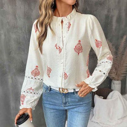 Stand Collar Ethnic Print Shirt For Women