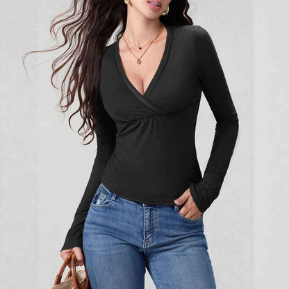 Black V-neck Long Sleeve Top For Women