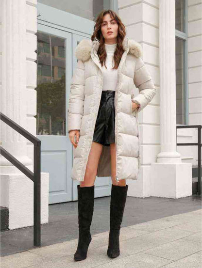 Anewsta Women's Solid Color Long Sleeve Zip Up Hooded Padded Coat With Faux Fur Trim