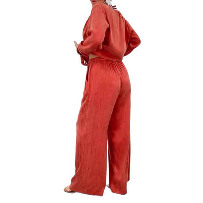 Round Neck Stitching Cardigan Top Wide Leg Pants Casual Women's Suit