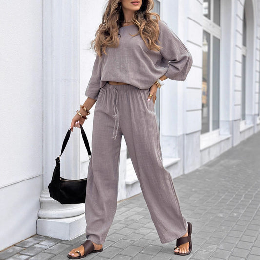 Round Neck Cotton And Linen Top Casual Lace Up Loose Pants Suit - Velerat