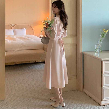 Temperament Pure Color V-neck Lace-up Mid-length