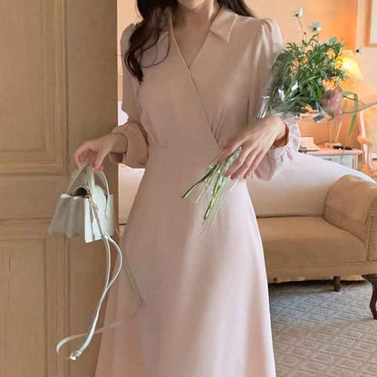 Temperament Pure Color V-neck Lace-up Mid-length