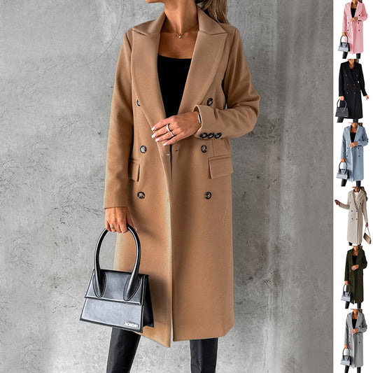 Double Breasted Lapel Coat Winter Fashion Long Sleeve Tops Womens Clothing - Velerat