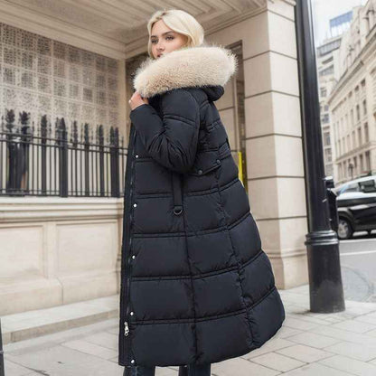 Winter Slim Long Jacket With Fur Hood And Belt Fashion