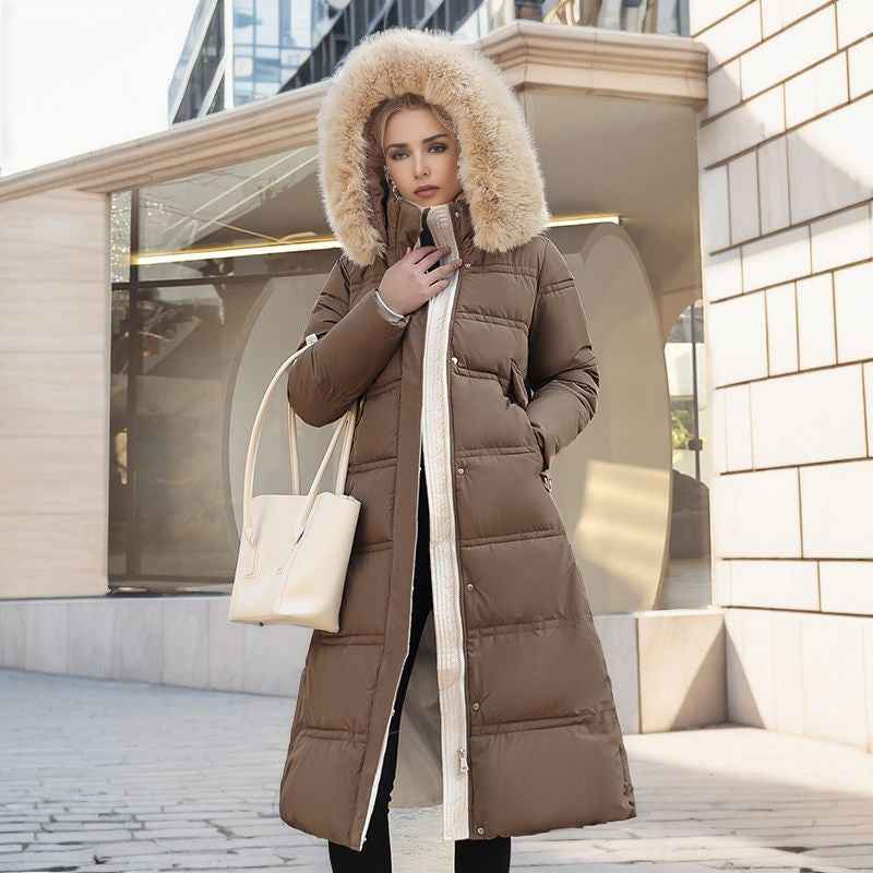 Winter Slim Long Jacket With Fur Hood And Belt Fashion