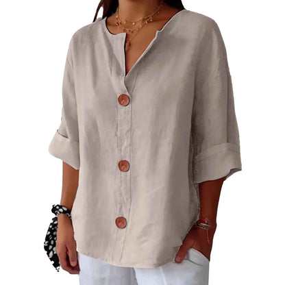 Loose T-shirt Women's V-neck Cotton And Linen Button Top