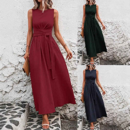Women's Solid Color Round Neck Sleeveless Loose Casual Dress - Velerat