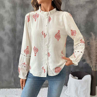 Stand Collar Ethnic Print Shirt For Women
