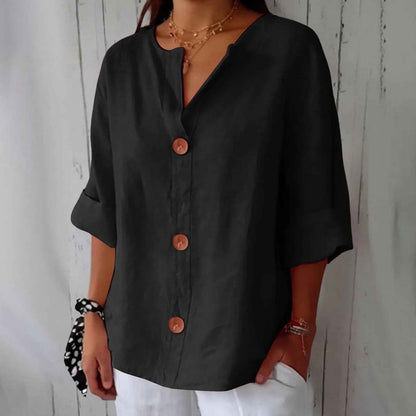 Loose T-shirt Women's V-neck Cotton And Linen Button Top
