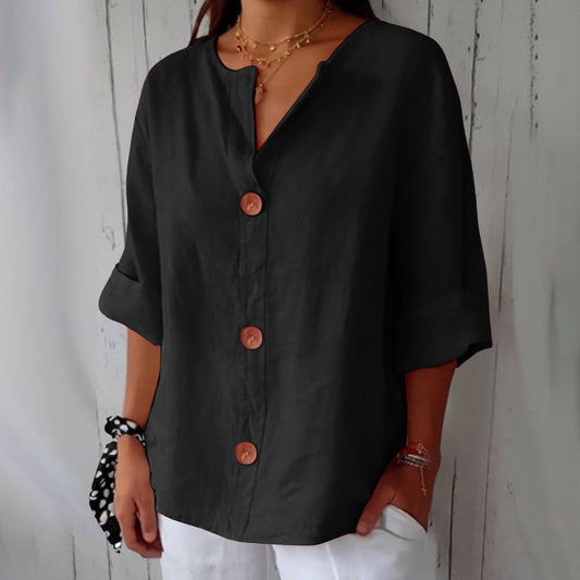 Loose T-shirt Women's V-neck Cotton And Linen Button Top - Velerat