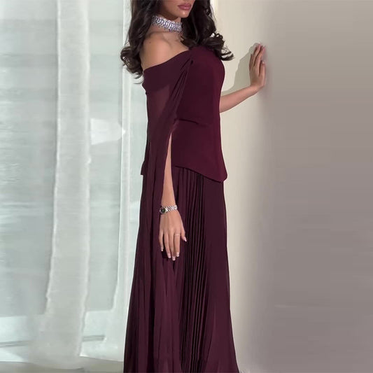 Women's Socialite Style Off-shoulder Mesh Stitching Elegant Dress - Velerat