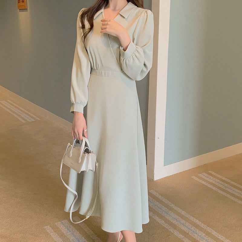 Temperament Pure Color V-neck Lace-up Mid-length