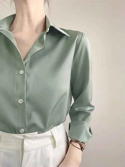 Women's High-grade Green Satin Shirt