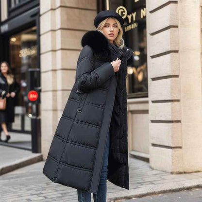 Winter Slim Long Jacket With Fur Hood And Belt Fashion