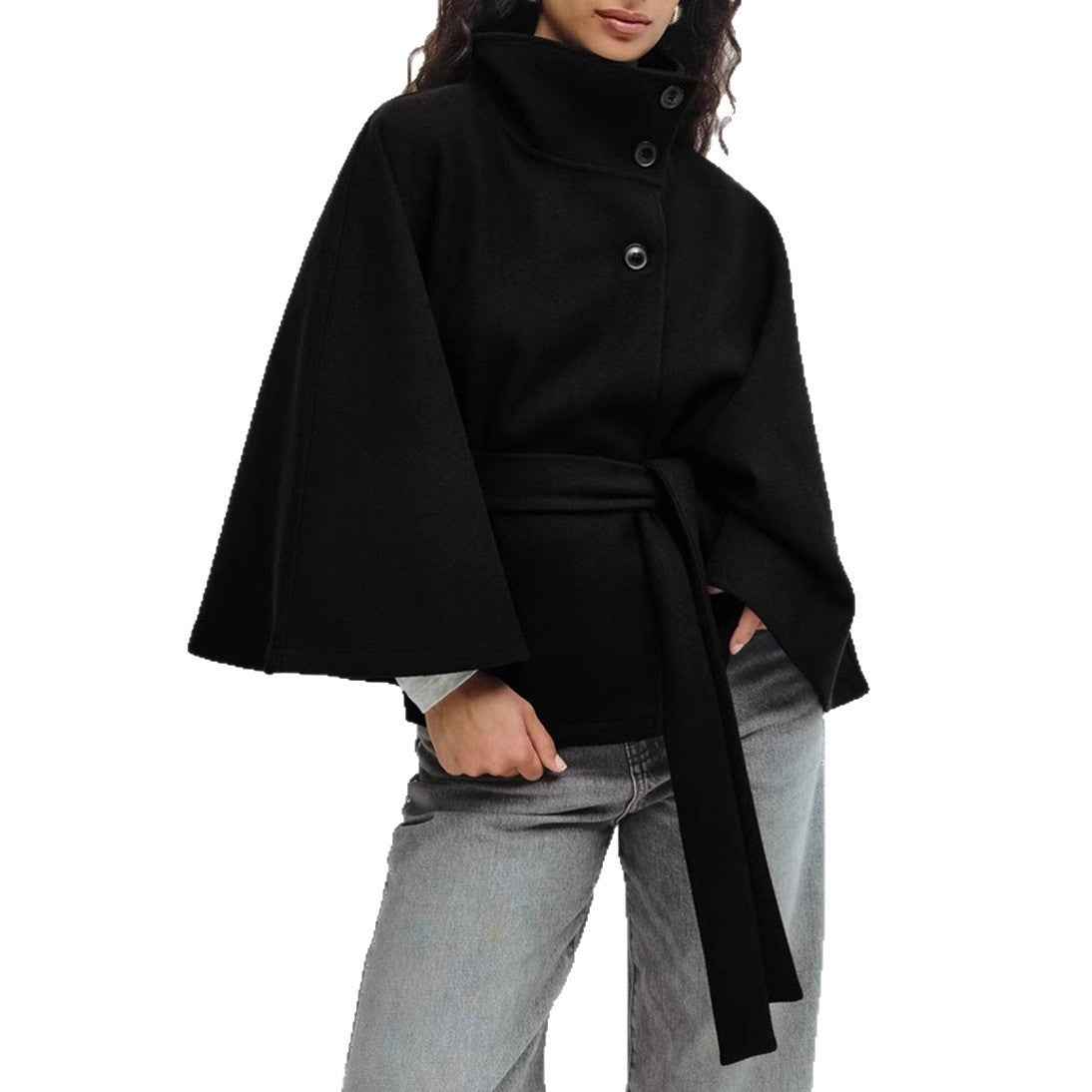 Winter High Neck Batwing Sleeve Coat With Belt Fashion